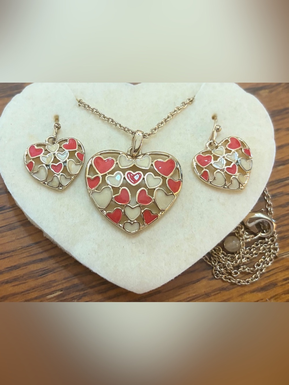 Gold Heart Pendant Necklace and Earrings Set with Red and Cream Enamel Hearts